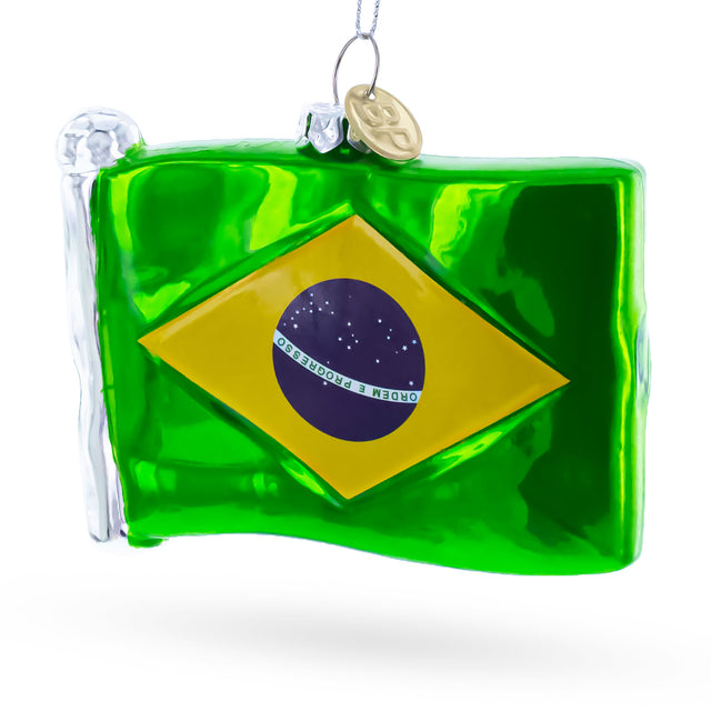 Glass Waving Flag of Brazil Blown Glass Christmas Ornament in Multi color