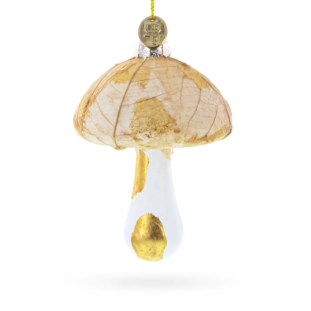 Glass Gold Glitter Mushroom Glass Christmas Ornament in Beige color