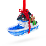 Glass Boat with Tree and Present Glass Christmas Ornament in Multi color