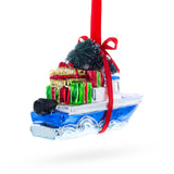 Boat with Tree and Present Glass Christmas Ornament ,dimensions in inches:  x  x