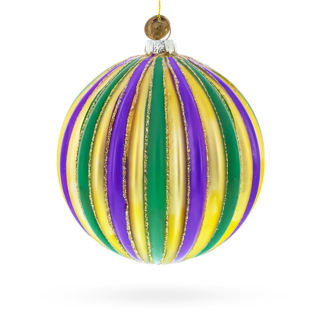 Glass Festive Striped Purple, Green, and Gold Glass Ball Christmas Ornament in Multi color