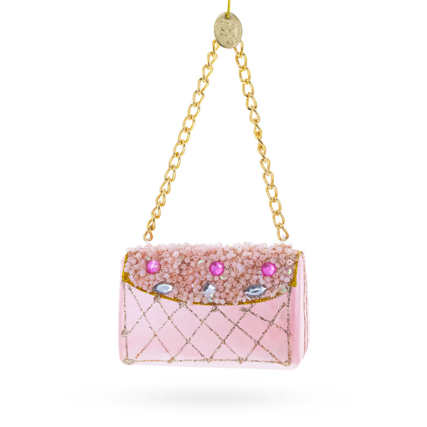 Glass Pink Purse with Gold Chain  Glass  Christmas Ornament in Multi color