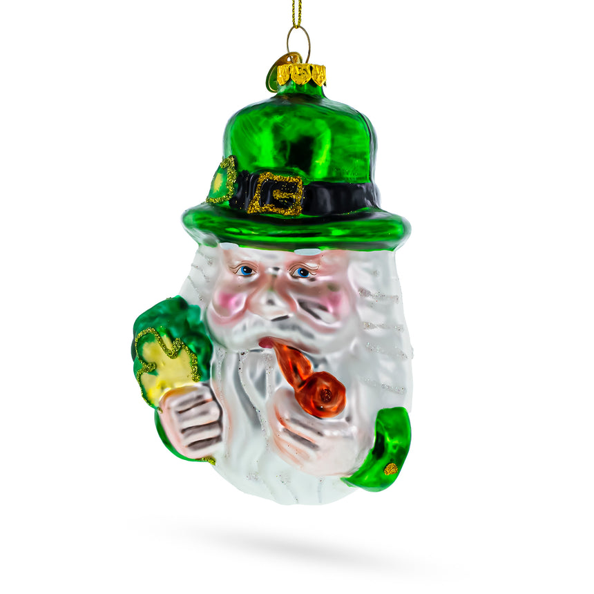 Glass Irish Santa Blown Glass Christmas Ornament in Green color