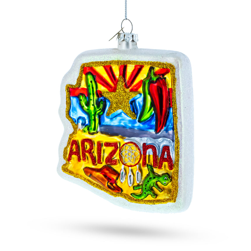 Glass Arizona State Map and Symbols Blown Glass Christmas Ornament in Blue color