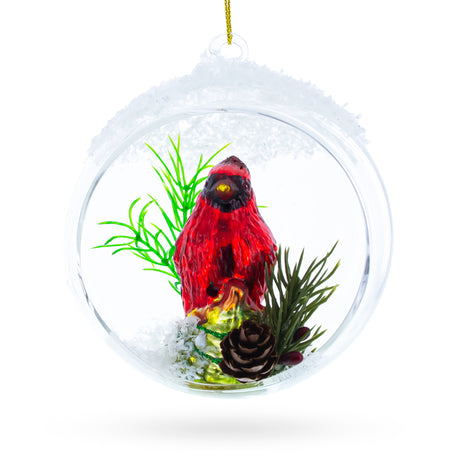 Glass Red Cardinal Bird Encased in Glass Ball Christmas Ornament in Clear color Round