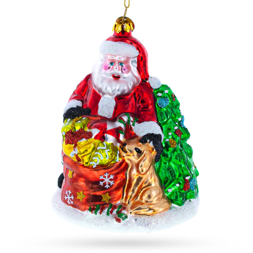 Glass Santa with Golden Retriever Blown Glass Christmas Ornament in Multi color