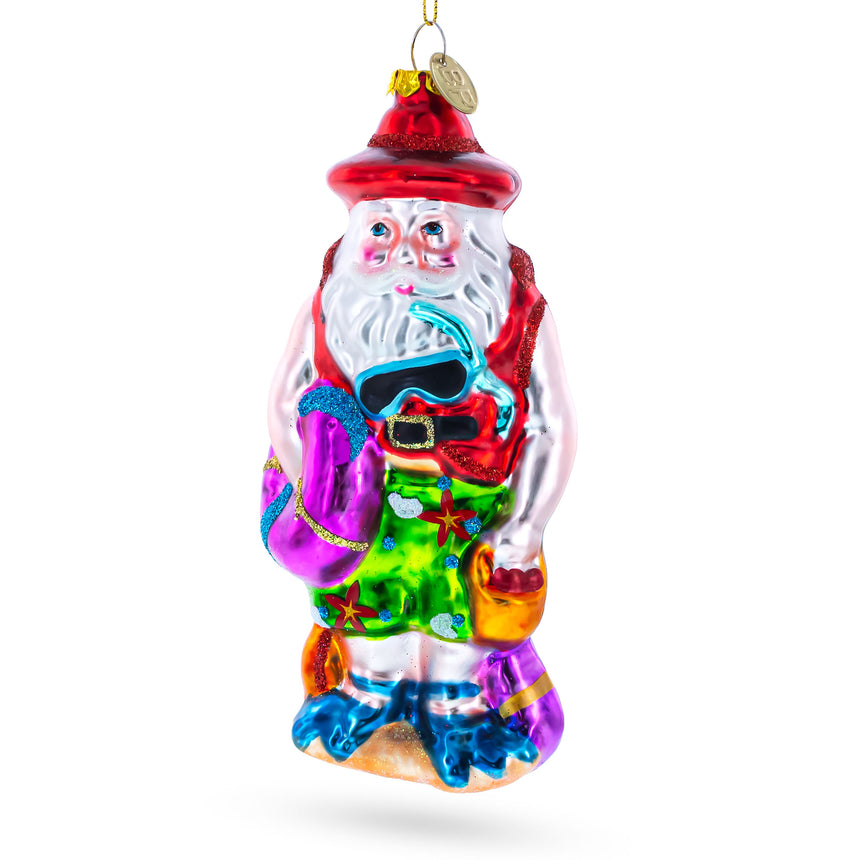 Glass Tropical Diver Santa on the Beach Glass Christmas Ornament in Multi color