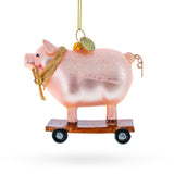 Glass Playful Pig Riding a Skateboard - Blown Glass Christmas Ornament in Pink color