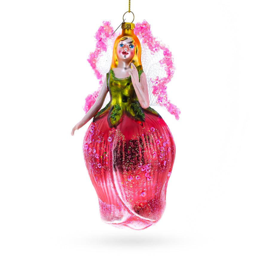 Glass Enchanting Fairy in a Rose Dress Glass Christmas Ornament in Pink color