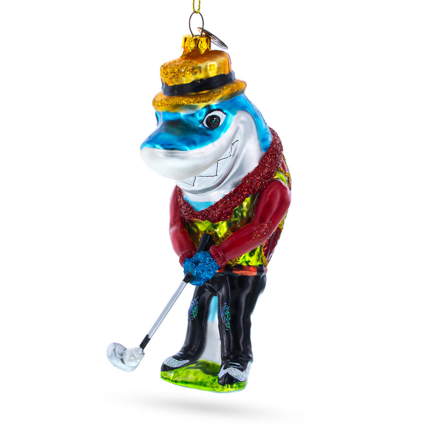 Glass Shark Playing Golf Blown Glass Christmas Ornament in Multi color