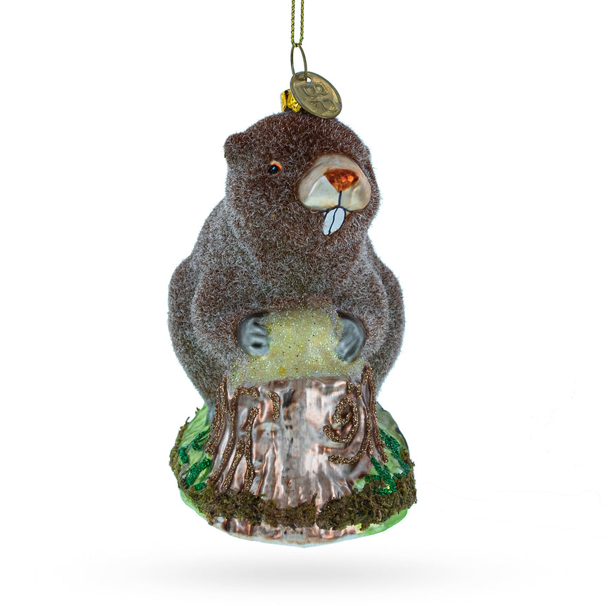 Glass Industrious Beaver Holding a Log Glass Christmas Ornament in Multi color