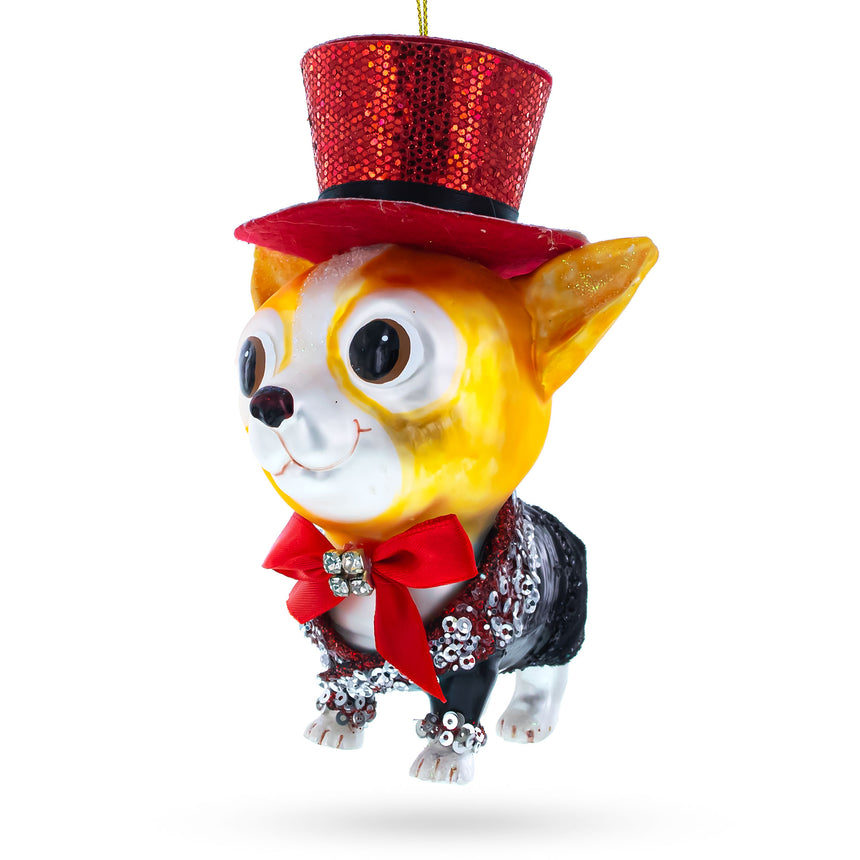 Glass Chihuahua in Top Hat Blown Glass Christmas Ornament in Multi color