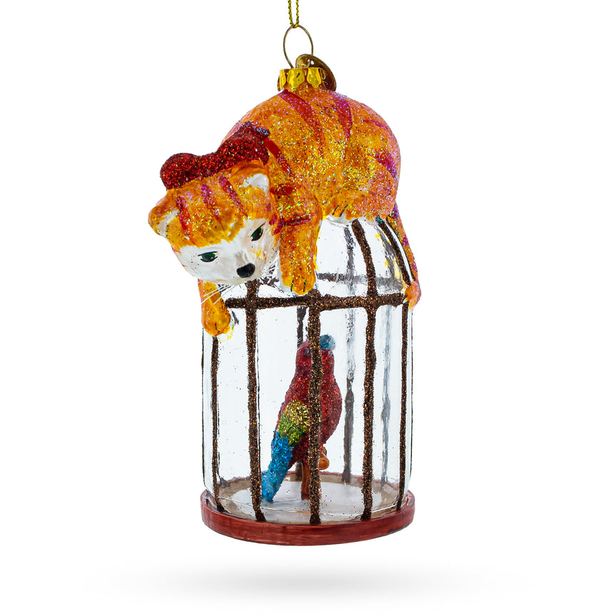 Glass Cat Perched on Parrot Bird Cage Glass Christmas Ornament in Yellow color