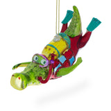 Glass Alligator as a Scuba Diver Blown Glass Christmas Ornament in Green color