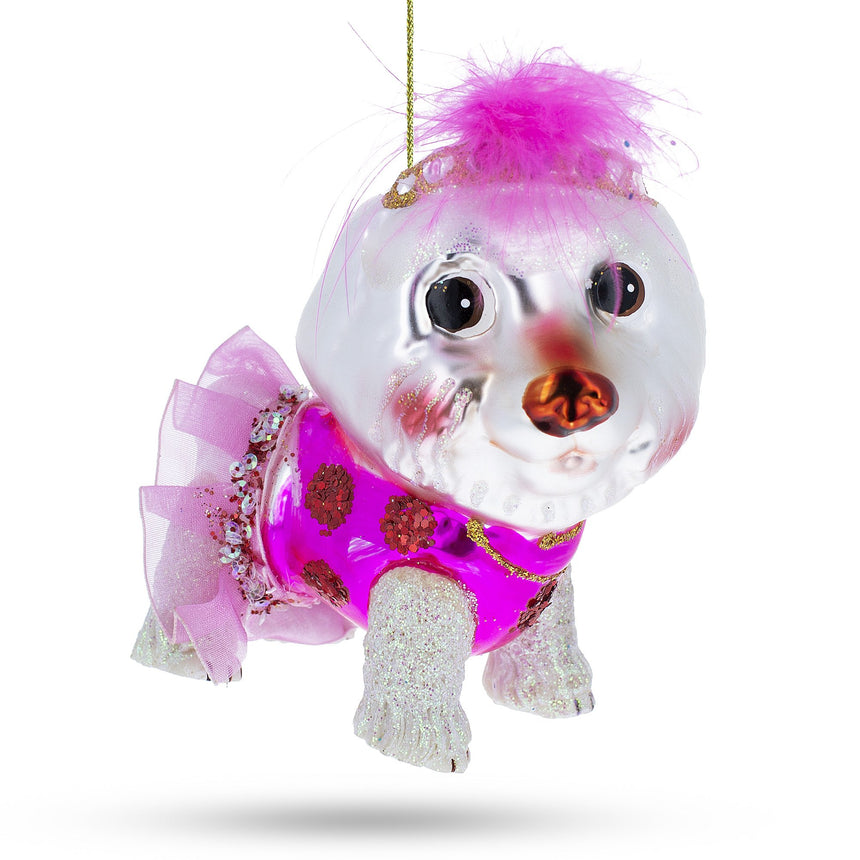 Glass Fluffy Bichon Frise Blown Glass Christmas Ornament in Silver color