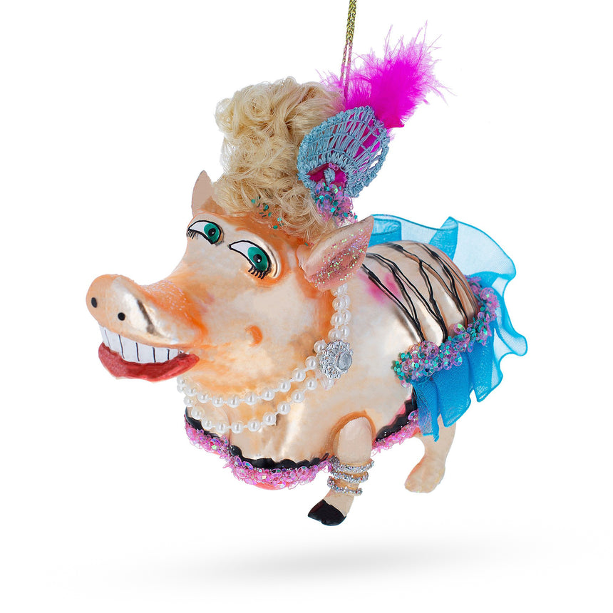 Glass Fashion-Forward Pig Blown Glass Christmas Ornament in Multi color