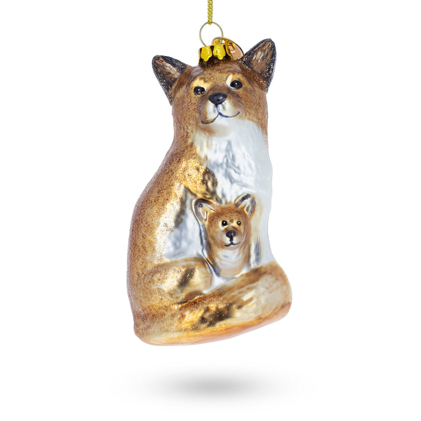 Glass Loving Mother and Baby Fox Blown Glass Christmas Ornament in Brown color