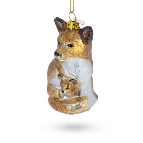 Loving Mother and Baby Fox Blown Glass Christmas Ornament ,dimensions in inches: 4.49 x 2.29 x 2.13