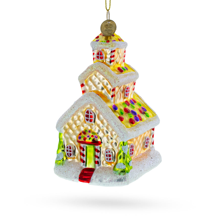 Glass Gingerbread House with Candy Canes Blown Glass Christmas Ornament in Orange color