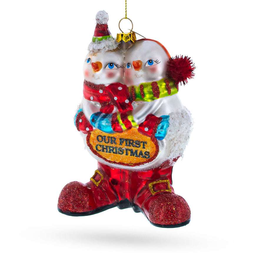 Glass Romantic Snowmen Couple: Our First Christmas Blown Glass Christmas Ornament in Multi color