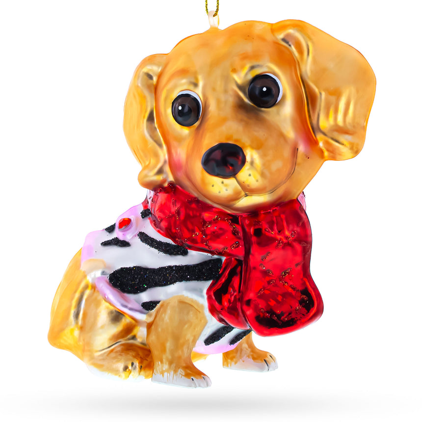 Glass Golden Retriever Puppy in Red Scarf Glass Christmas Ornament in Gold color