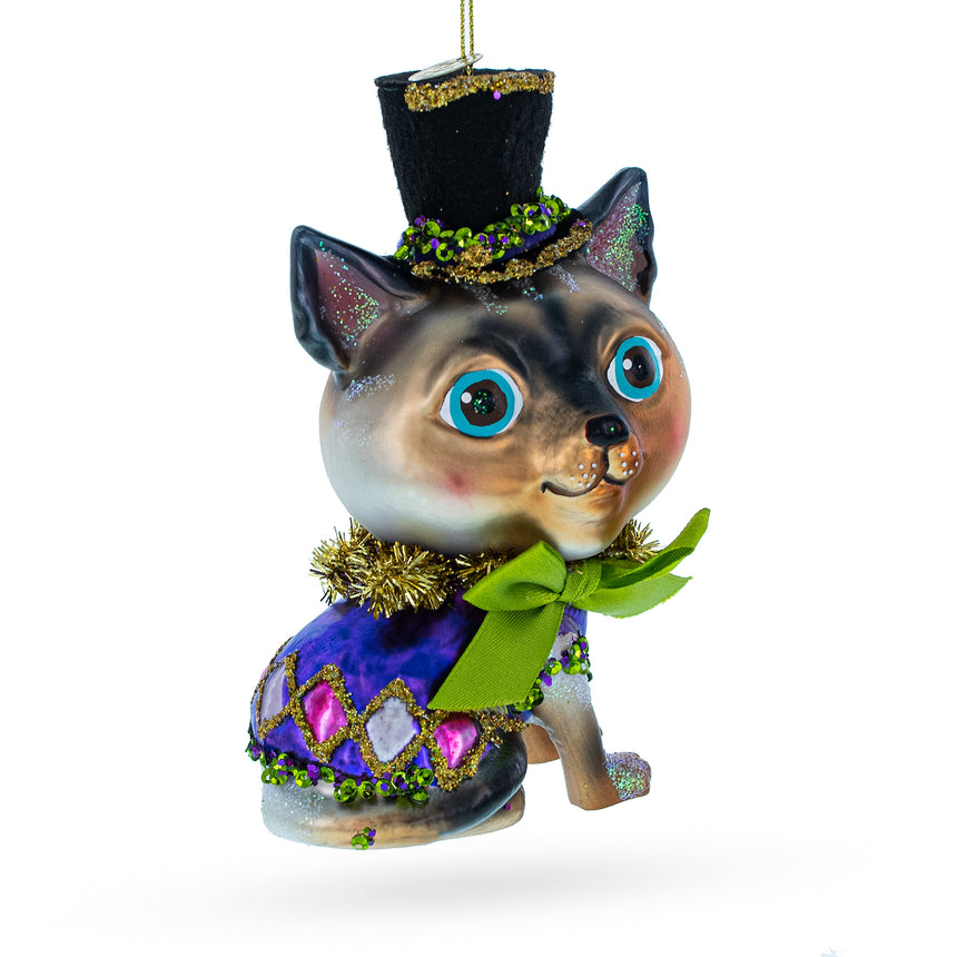 Glass Playful "Cat in the Hat" Blown Glass Christmas Ornament in Multi color