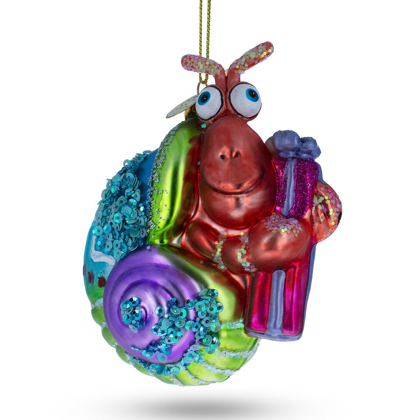 Glass Cheerful Shrimp with Gifts Blown Glass Christmas Ornament in Multi color