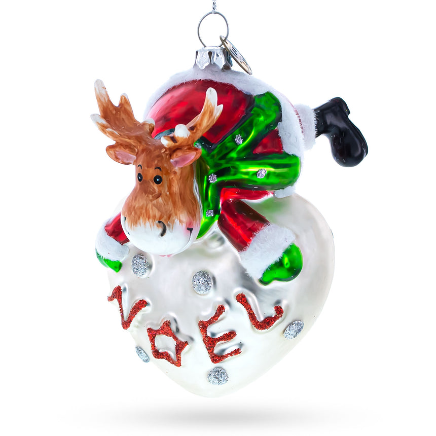 Glass Noel Reindeer Heart Glass Christmas Ornament in Multi color