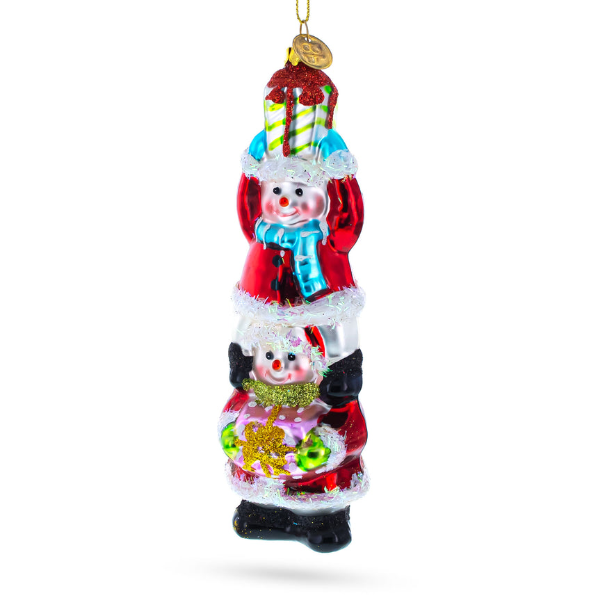 Glass Snowmen Friends Sharing Gifts Blown Glass Christmas Ornament in Red color