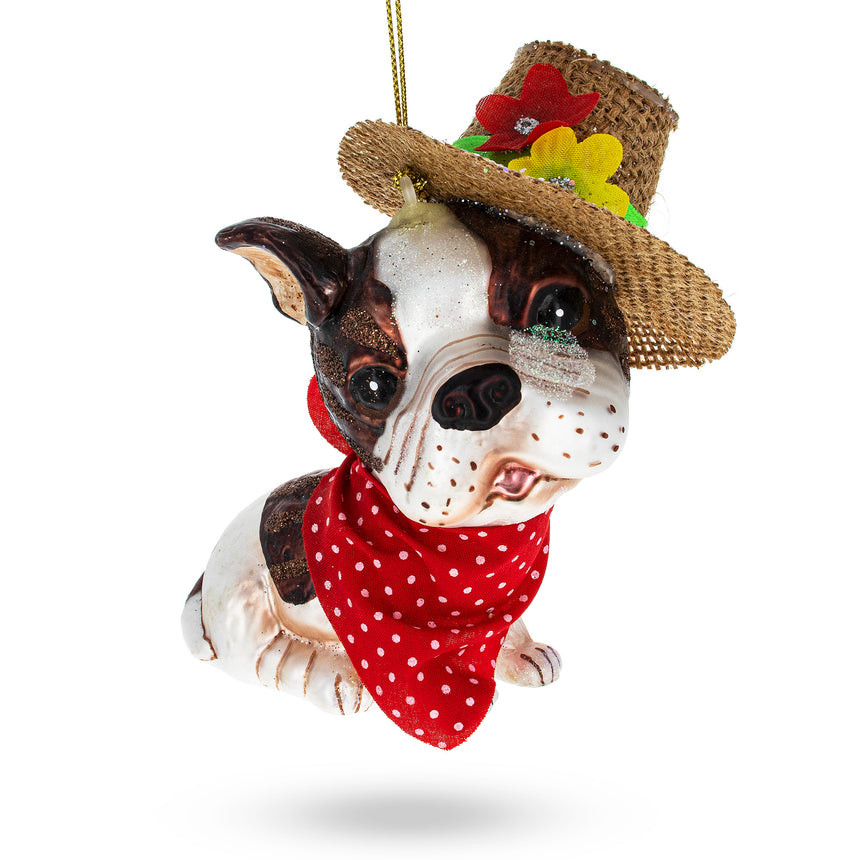 Glass Dapper Boston Terrier in Hat Blown Glass Christmas Ornament in Multi color