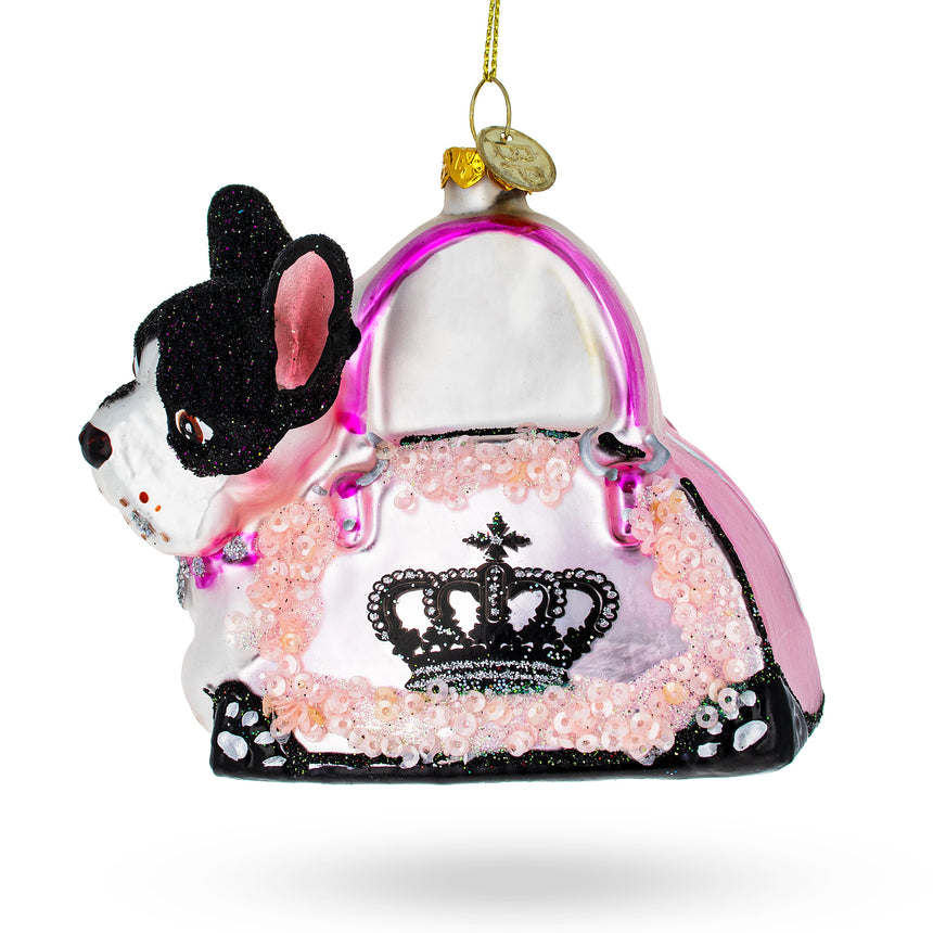 Glass Boston Terrier in Pink Handbag Glass Christmas Ornament in Multi color