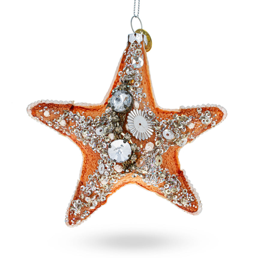 Glass Glistening Glittered Starfish Blown Glass Christmas Ornament in Orange color Star