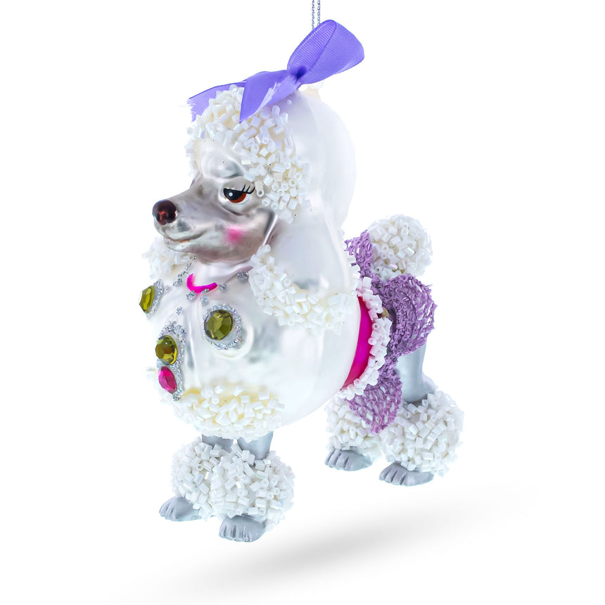 Glass Elegant Bejeweled Poodle Blown Glass Christmas Ornament in White color