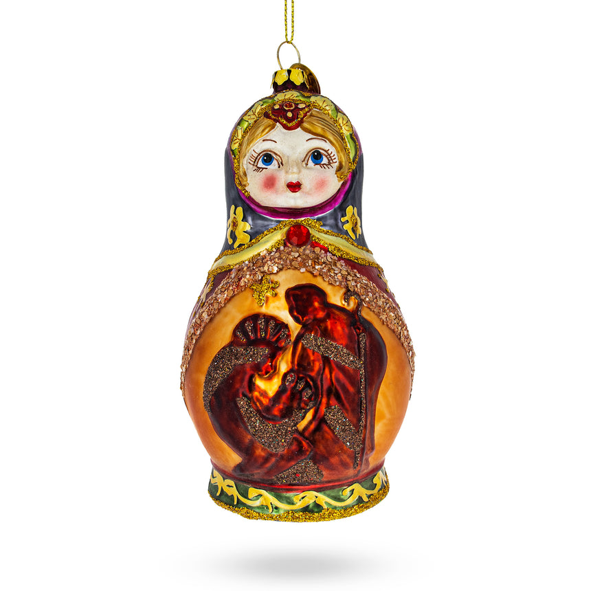 Glass Matryoshka Doll with Nativity Scene Blown Glass Christmas Ornament in Multi color