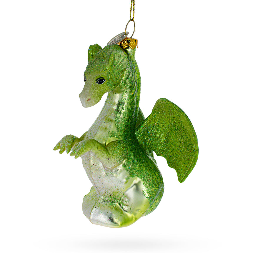 Glass Majestic Flying Green Dragon Blown Glass Christmas Ornament in Green color