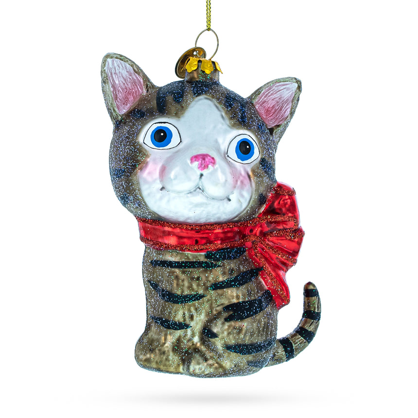 Glass Blue-Eyed Cat Blown Glass Christmas Ornament in Multi color