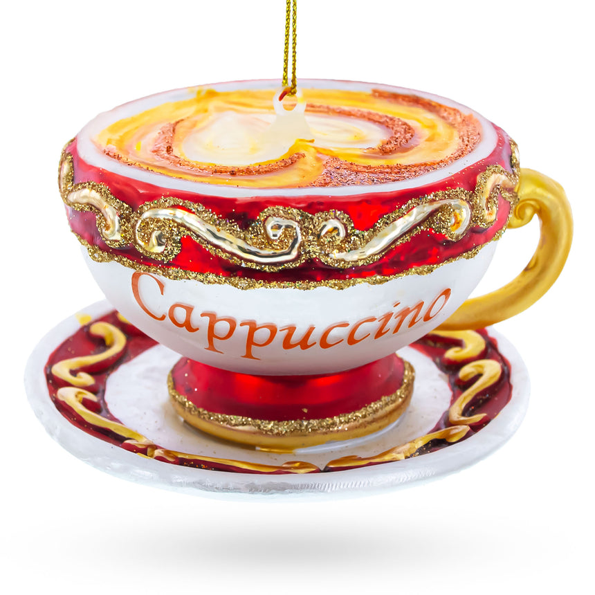 Glass Glossy Red Cappuccino Cup Blown Glass Christmas Ornament in Multi color