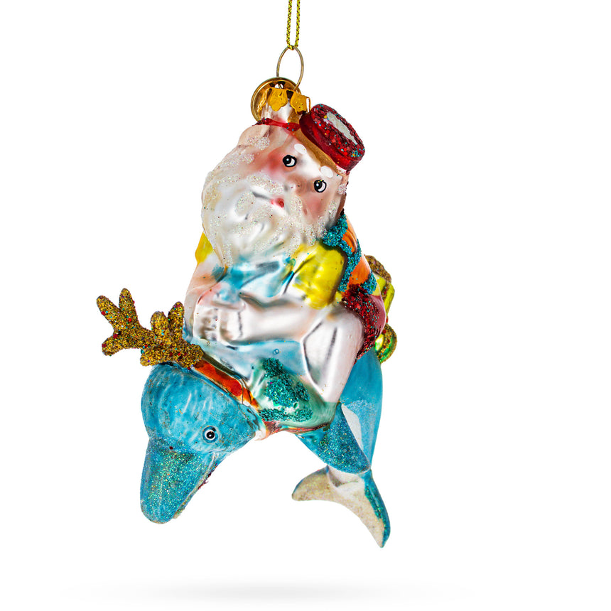 Glass Santa Diver Riding Dolphin Blown Glass Christmas Ornament in Multi color