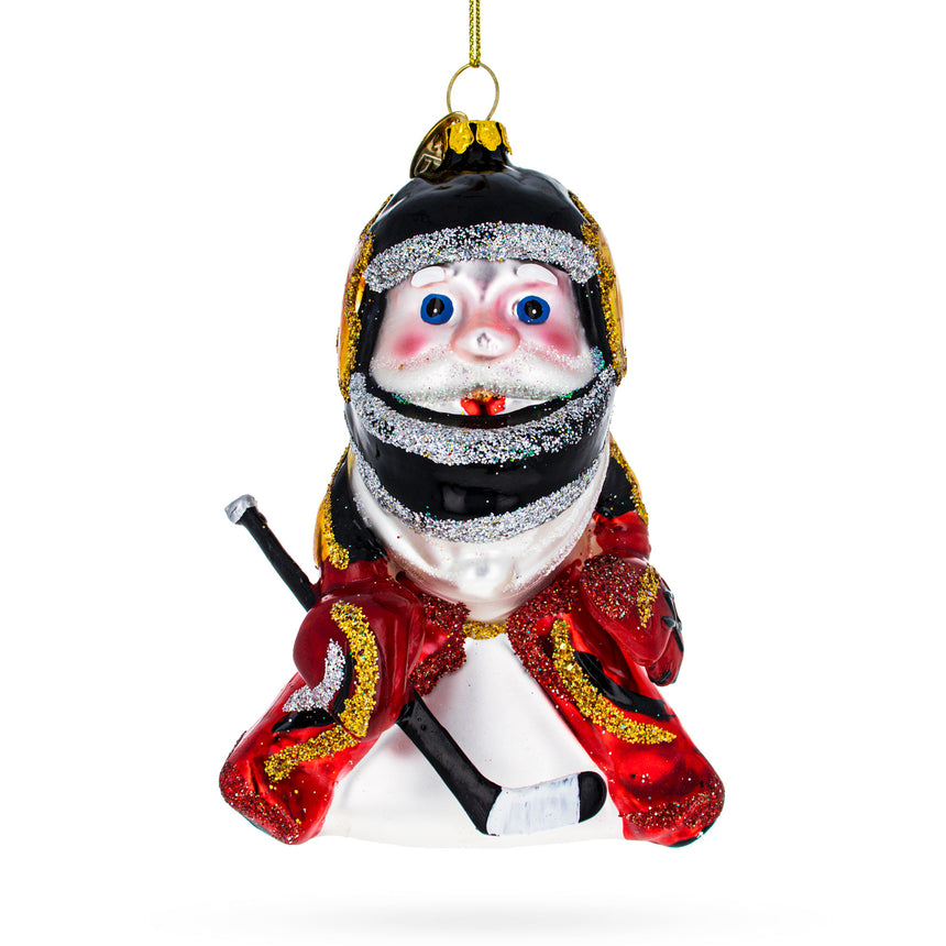 Glass Sporty Santa Playing Ice Hockey Glass Christmas Ornament in Red color