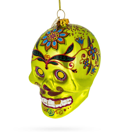 Glass Ornate Decorated Skull - Blown Glass Christmas Ornament in Green color