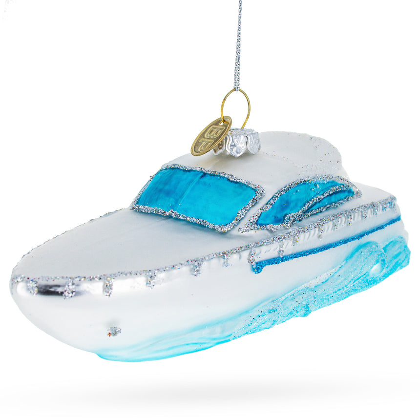 Glass Luxurious White Yacht Powerboat Glass Christmas Ornament in White color