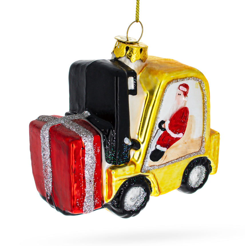 Glass Jolly Santa Riding Forklift Blown Glass Christmas Ornament in Multi color