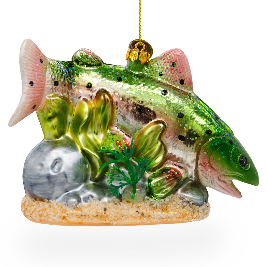 Glass Lush Salmon Fish with Seaweed Blown Glass Christmas Ornament in Multi color