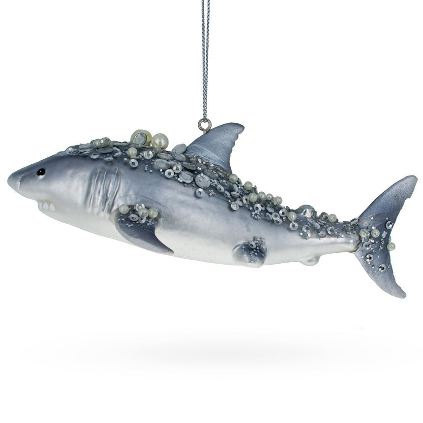 Glass Stunning Beaded Shark Blown Glass Christmas Ornament in Gray color