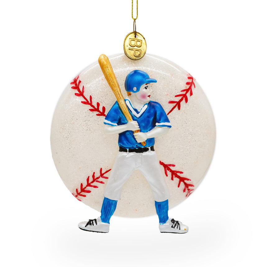 Glass Slugging Baseball Player Blown Glass Christmas Ornament in Multi color