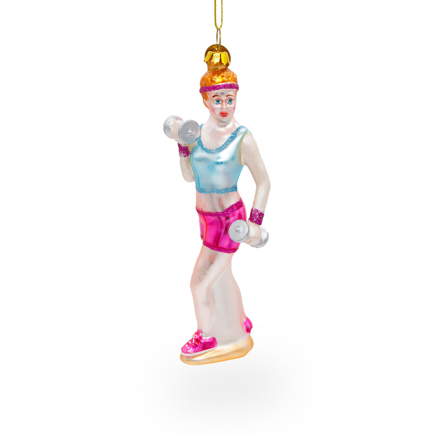 Glass Retro Fitness Weightlifter Glass Christmas Ornament in Multi color