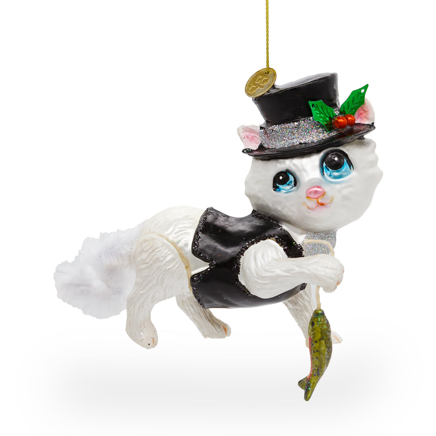 Glass Mysterious Cat in Black Costume Holding Fish Blown Glass Christmas Ornament in Multi color