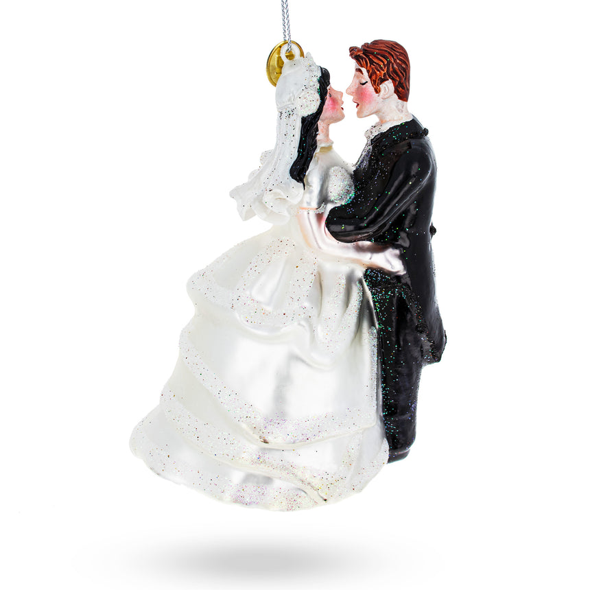 Glass Bride and Groom Wedding Kiss Blown Glass Christmas Ornament in White color