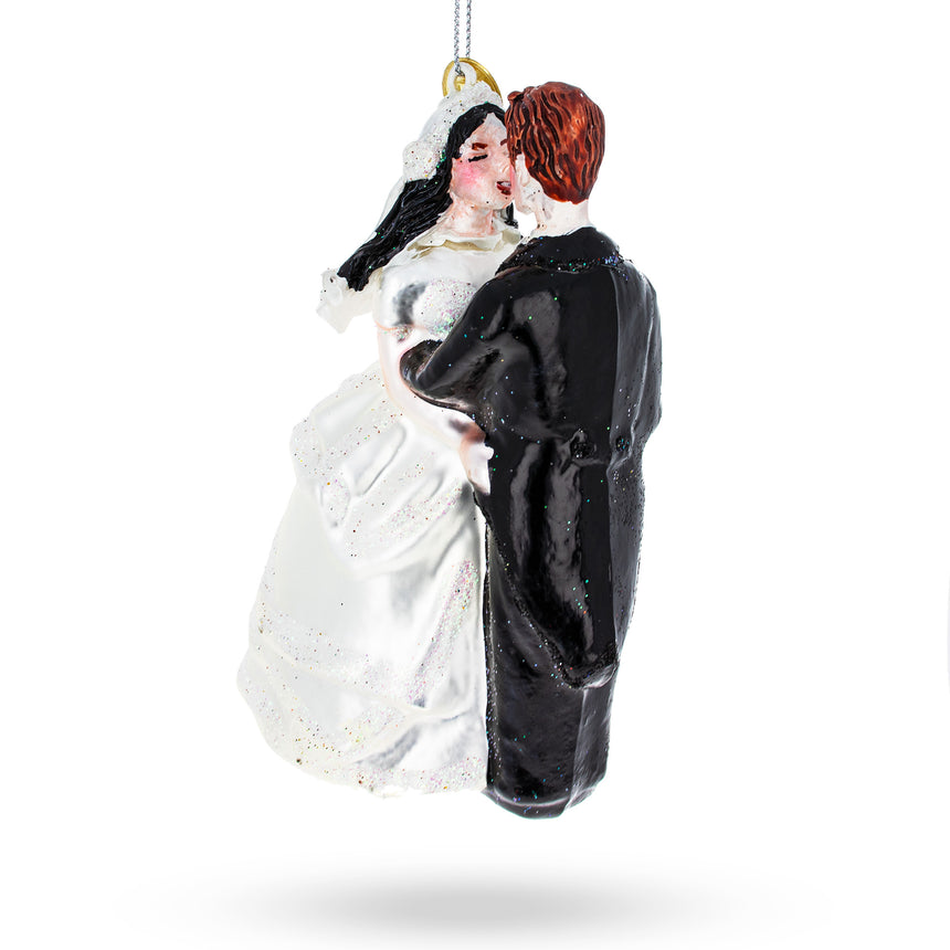 Bride and Groom Wedding Kiss Blown Glass Christmas Ornament ,dimensions in inches: 4 x 2.25 x