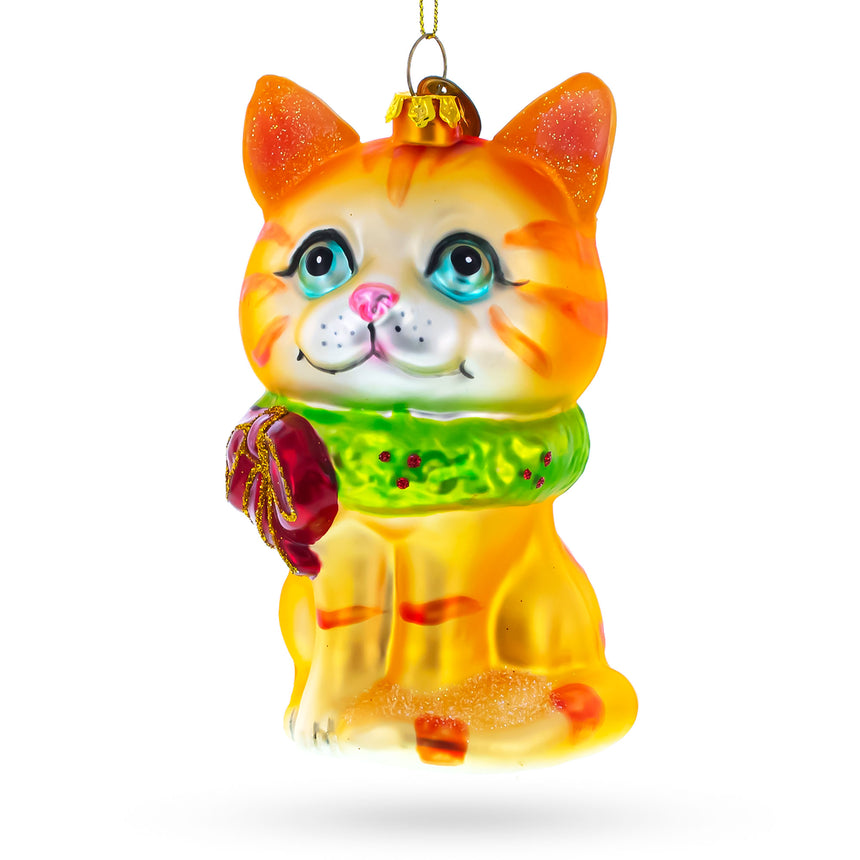 Glass Vibrant Orange Cat Blown Glass Christmas Ornament in Orange color